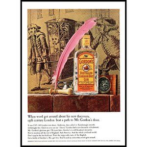 1965 Gordon's London Dry Gin Vintage Print Ad Pink Feather Quill Wall Art Photo